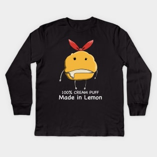 Mashle Anime 100% Made in Lemon Irvine Cream Puff Plush Lucky Charm given to Mash Burnedead in episode 8 in Pop Art Style Black and White Text Kids Long Sleeve T-Shirt